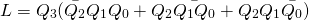 \begin{equation*} L=Q_{3}(\bar{Q_{2}} Q_{1}Q_{0}+Q_{2}\bar{Q_{1}Q_{0}}+Q_{2}Q_{1}\bar{Q_{0}}) \end{equation*}