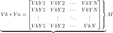 \begin{equation*} \underbrace{ \left. Vk*Yn= \begin{bmatrix} VkY1 & VkY2 & \cdots & VkYN \\ VkY1 & VkY2 & \cdots & VkYN \\ \vdots & \vdots & \ddots & \vdots \\ VkY1 & VkY2 & \cdots & VkN \end{bmatrix} \right \}}M \end{equation*}